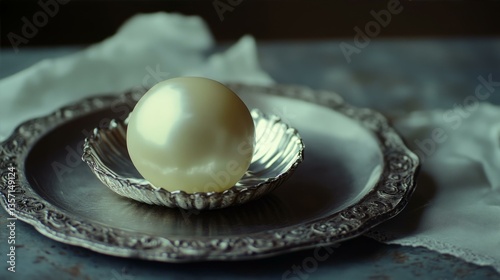 Silver Platter Pearl Still Life Elegant Minimalism Classic Neutral Tones and Sophisticated Beauty