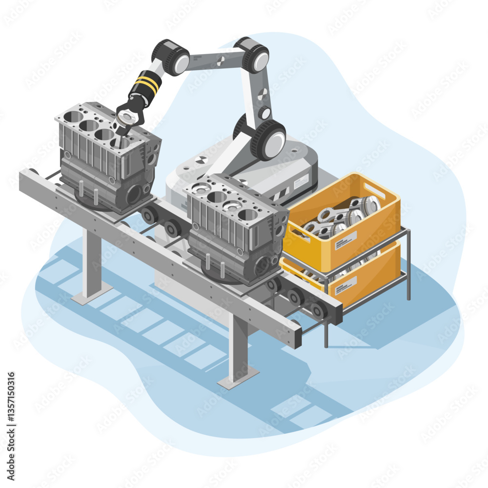 Robotic arm assembling engine components on automated conveyor in modern automotive manufacturing facility isometric isolated Robotic arm assembling engine components on automated conveyor in modern automotive manufacturing facility isometric isolated