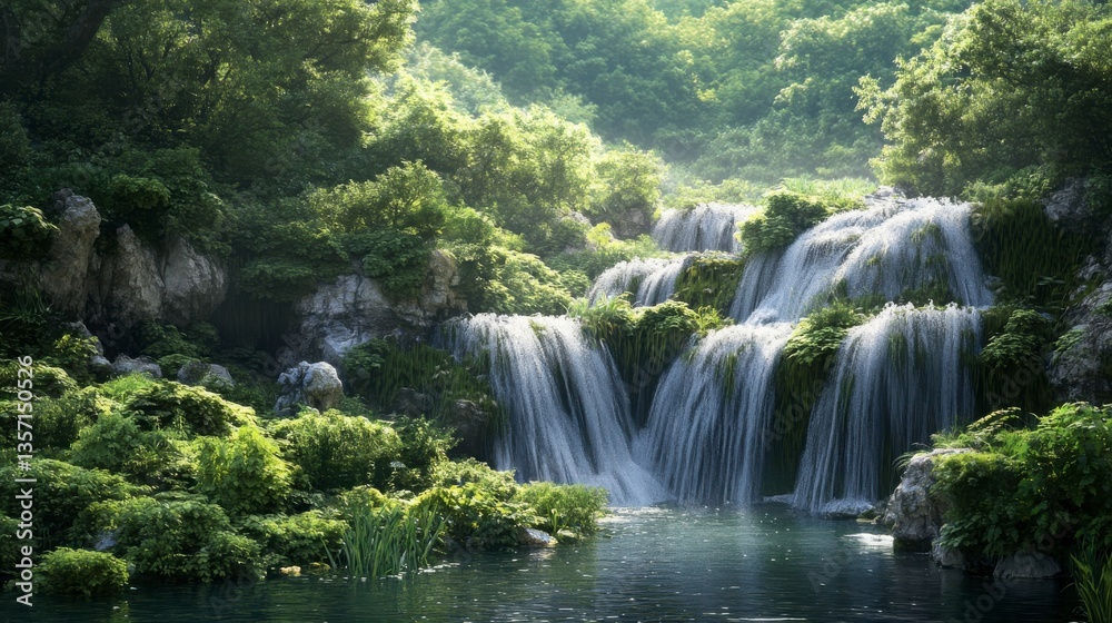 Fototapeta premium Serene Waterfall In Lush Forest Sunlight Bathes Cascading Water And Rocks, Rocks And Waterfalls In A Green Forest. Lush Nature Scene. Serene Waterfall. Natural Beauty. Scenic Waterfall And Forest