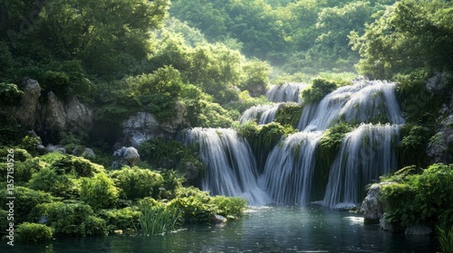 Serene Waterfall In Lush Forest Sunlight Bathes Cascading Water And Rocks, Rocks And Waterfalls In A Green Forest. Lush Nature Scene. Serene Waterfall. Natural Beauty. Scenic Waterfall And Forest
