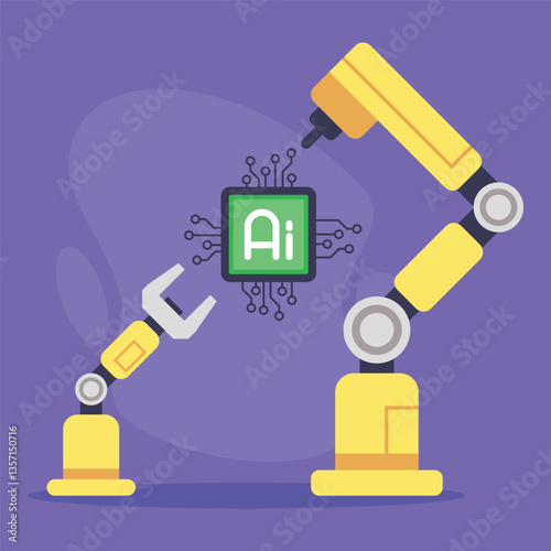 Two robotic arms interacting with computer chip symbolizing artificial intelligence. Automation and technology concept