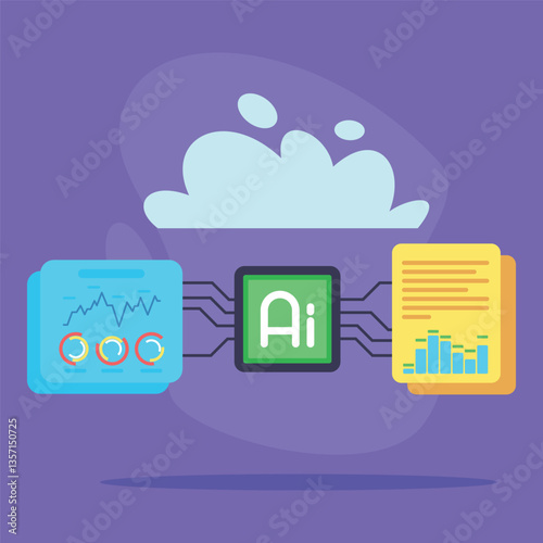 Abstract graphics illustrating how artificial intelligence processing data. Analytics and information flow, technologys role in handling information concept