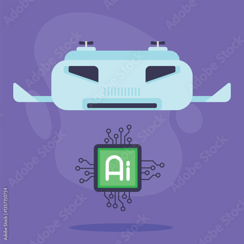Futuristic drone hovering in air alongside AI chip, symbolizing integration of advanced technology in aerial devices. Innovation and modern tech concept