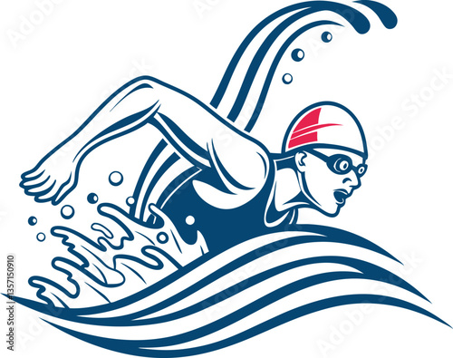 Swimmer in dynamic freestyle action, a bold graphic design.