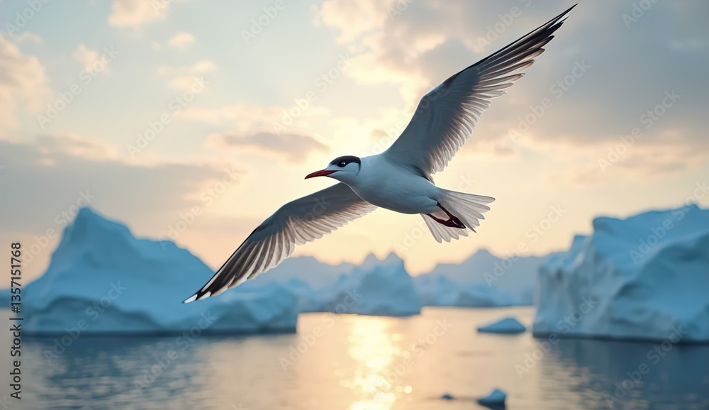 Obraz premium Arctic Tern Soaring Over Icy Seascape at Sunset in HD