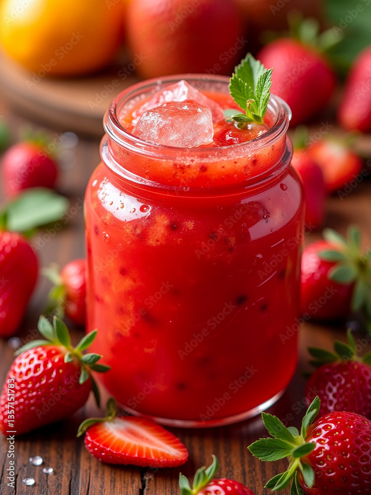 A glass of red strawberry juice with ice cubes and a few strawberries on the table. The juice is cold and refreshing, perfect for a hot summer day A glass of red strawberry juice with ice cubes and a few strawberries on the table. The juice is cold and refreshing, perfect for a hot summer day
