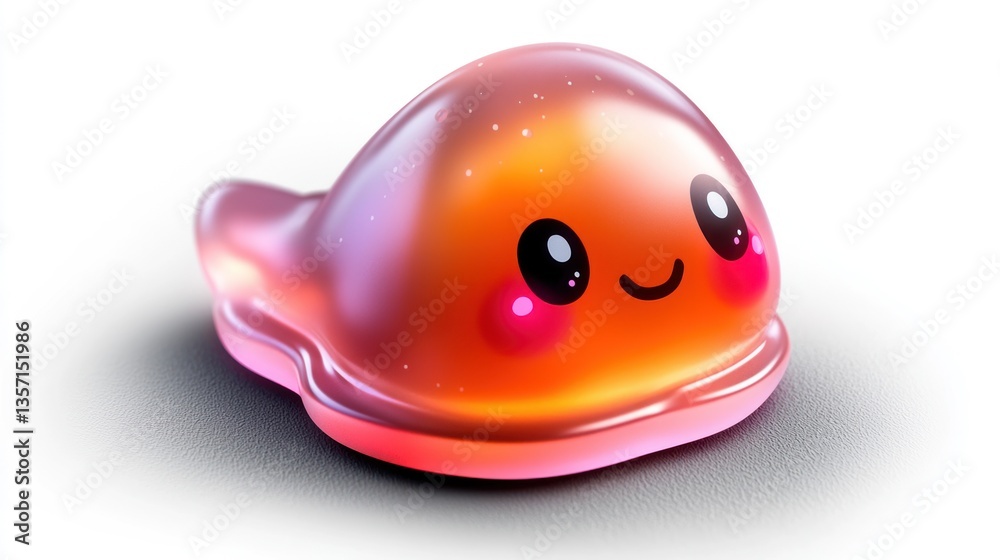 Fototapeta premium Cute, colorful jelly-like creature with a smiling face on a smooth surface, glowing softly