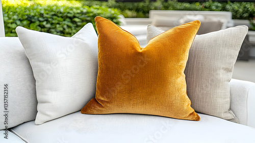 Outdoor velvet cushion on sofa, garden background, home decor