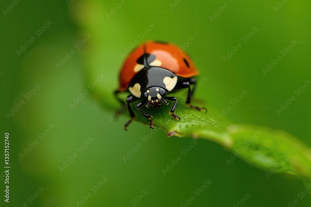 Fototapeta premium Ladybug on leaf close-up: vibrant nature scene with blurred green background