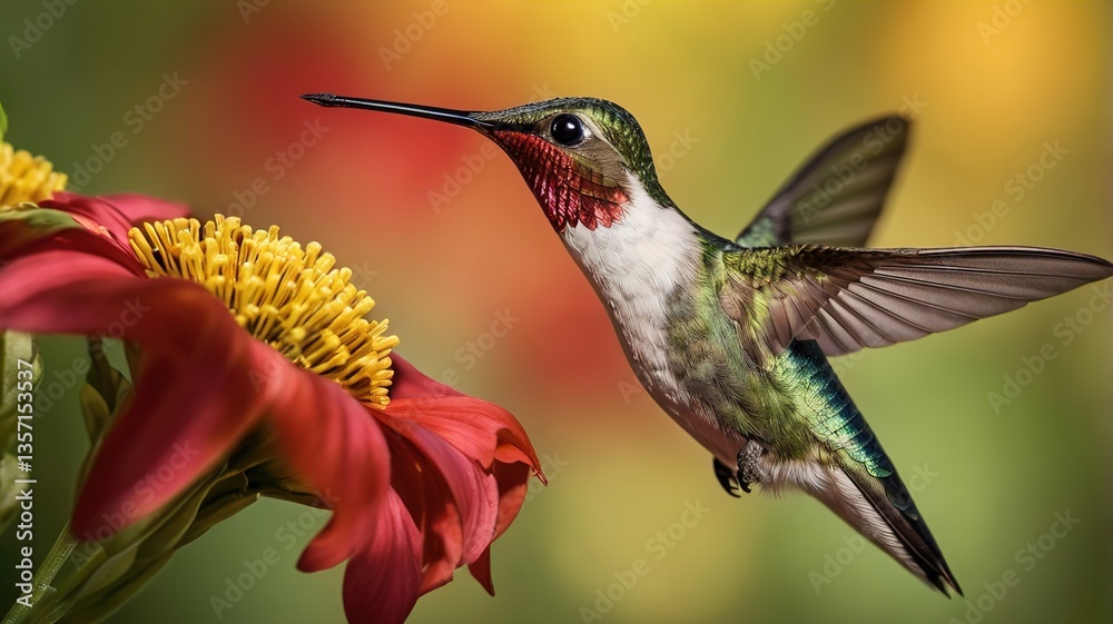 Ruby-throated Hummingbird in Flight Near Red Flower in HD Ruby-throated Hummingbird in Flight Near Red Flower in HD
