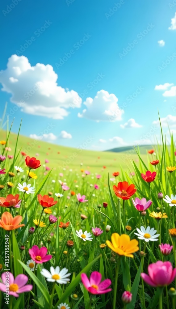 Obraz premium Vibrant spring meadow with wildflowers under blue sky, wildflowers, floral, sunny