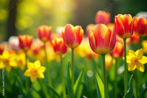 Vibrant spring tulips and daffodils blooming in lush garden, vibrant, floral, flowers