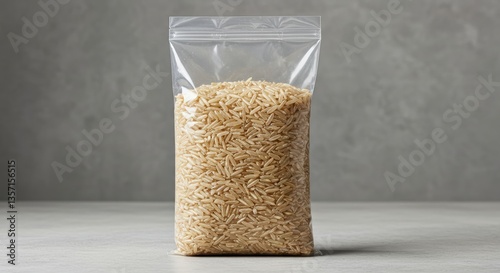 Bag of Brown Rice Packaging Displayed on Neutral Background for Marketing