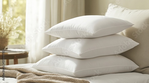 Three Soft White Pillows Stacked On A Bed In A Bright Bedroom Interior Design Design Style With Neutral Color Palette Interior Design Style Featuring Soft Comfortable Pillows In A Bright White