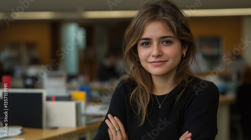 Beautiful woman smiling with arms crossed in office background she is working