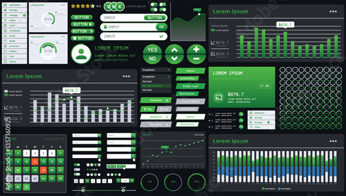A dark set of interface elements for web and mobile applications with modern icons, buttons, and graphs, ideal for business analytics, finance, and data management.