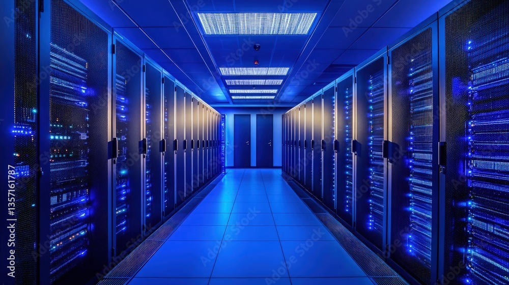 Futuristic data center with rows of illuminated server racks glowing blue in a high-tech environment. Ideal for tech, cloud computing, cybersecurity, and IT infrastructure themes Futuristic data center with rows of illuminated server racks glowing blue in a high-tech environment. Ideal for tech, cloud computing, cybersecurity, and IT infrastructure themes