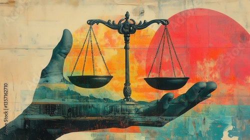 Surreal justice: scales of balance in vibrant artistic landscape