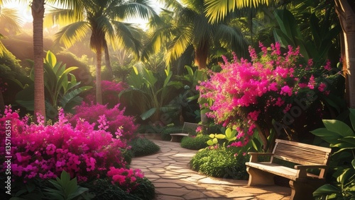 A sunlit tropical garden with fuchsia blooms and winding stone paths.