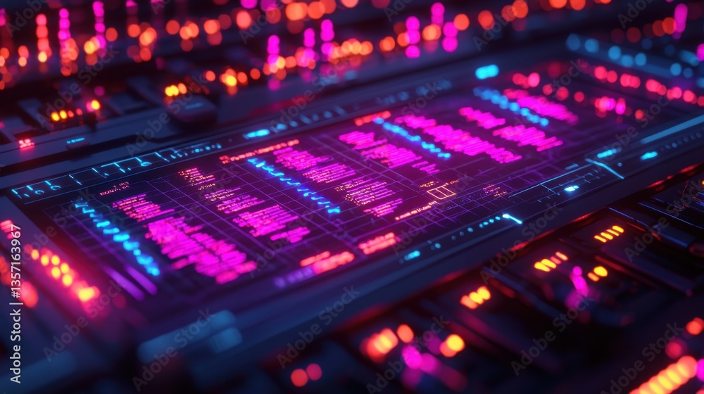 A vibrant close-up of a futuristic control panel featuring glowing buttons and screens in shades of blue, pink, and purple. A vibrant close-up of a futuristic control panel featuring glowing buttons and screens in shades of blue, pink, and purple.