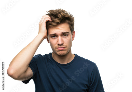 Young doubtful man thinking, scratching head and trying to find solution isolated on White background PNG transparent background
