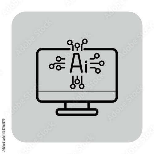 Line icon of computer screen with letters A and I at center, surrounded by circuit-like lines. Integration of artificial intelligence technology concept