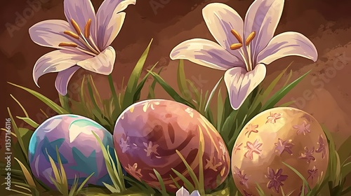 Mystical Spring Scene with Glowing Lilies and Celestial Eggs on Organic Brown Terrain, Fantasy Art Style with Ethereal Particles for Game UI Design, VR Environments or NFT Digital Art