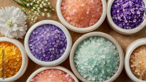 A soothing and aesthetic arrangement of bath salts accompanied by fresh or dried flowers, promoting relaxation, wellness, and natural beauty — perfect for spa, skincare, or self-care concepts.