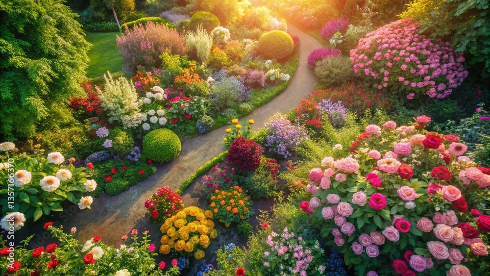 Fototapeta premium Aerial View Vintage Floral Garden, Blooming Flowers Overhead