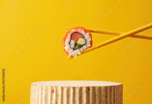 Yellow chopsticks holding uramaki sushi roll with salmon, rice, vegetables and cheese on yellow background with wooden stand