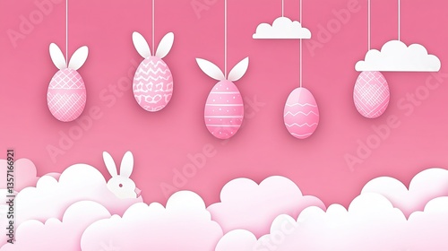 Vector Pink Easter Background with Floating Eggs and Bunny Ears on Clouds, Flat Cutout Paper Art Style Featuring Pastel Colors and Simple Geometric Shapes for Game Interface Design, Mobile Wallpaper o