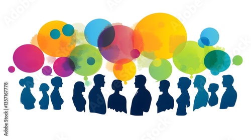 Diverse Thoughts Unite: An artful rendering depicts a group of diverse silhouettes, their collective thoughts visualized through a vibrant array of colorful speech bubbles