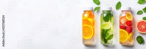 Refreshing citrus and berry infused water with mint in bottles.