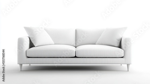 White Modern Sofa with Vertical Stripes and Cushions on White Background