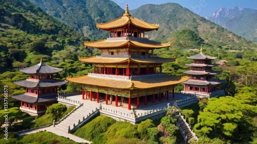 A vibrant and ornate temple featuring tiered roofs and domes, showcasing intricate architectural details, cultural significance, and bright colors, ideal for religious or cultural themes.