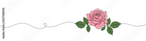 Rose with bunch of leaves one line art. Continuous line drawing of rose flower. Hand drawn rose