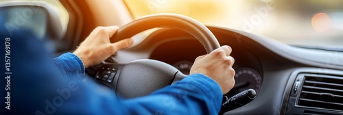 Wallpaper Mural Male Driver s Hands Gripping Steering Wheel, Enjoying Sunset Drive on a Country Road Torontodigital.ca