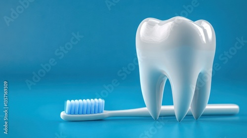 Large White Tooth Model with Blue Toothbrush on Bright Background