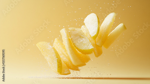 Close up of sliced apples floating in the air with a yellow background in a studio setting for advertising photo