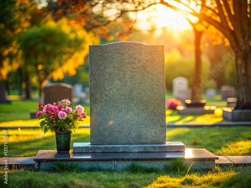 Elegant Granite Tombstone Design, Rule of Thirds Composition, Peaceful Cemetery Setting