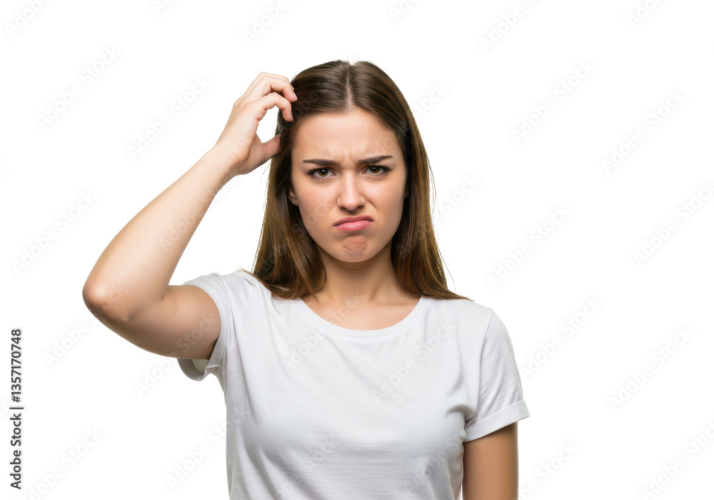 Young doubtful woman thinking, scratching head and trying to find solution isolated on White background PNG transparent background Young doubtful woman thinking, scratching head and trying to find solution isolated on White background PNG transparent background