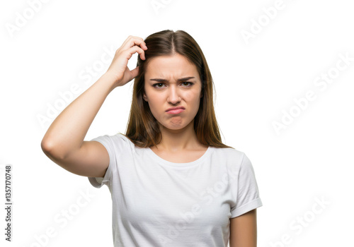 Young doubtful woman thinking, scratching head and trying to find solution isolated on White background PNG transparent background