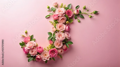 Elegant Pink Floral Letter J, Rose Bouquet, Alphabet Design, Soft Background, Botanical Typography