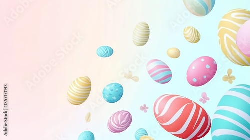 Elegant Easter Banner with Floating Pastel Eggs and Abstract Floral Shapes, Minimalist Vector Art in 8K Resolution for Website Headers, Digital Invitations or Branding Material Design.