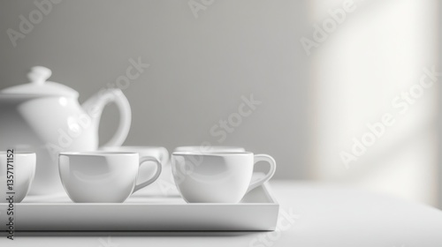 Wallpaper Mural White Tea Set On Tray Minimalist Still Life Photography with Soft Lighting and Shadows in a Studio Setting and Details on Cups, Teapot, and Tray. Simple Composition with White Background. Focus on Torontodigital.ca