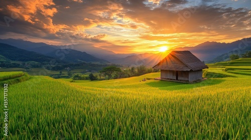 Serene Sunset Over Rice Fields and Traditional Hut in Countryside