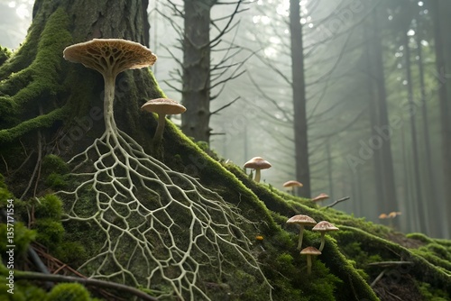 Neural network showcasing mycelium communication in forest ecology Misty forest scene featuring mushrooms and intricate tree roots.