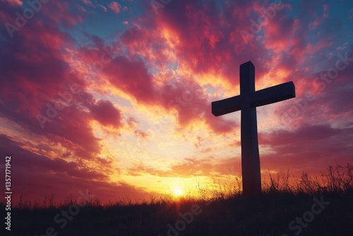 Silhouette of a cross at sunset, a peaceful religious image.