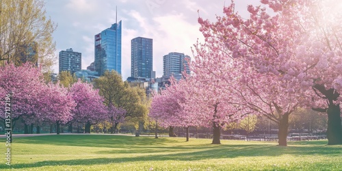 Blooming spring trees. Modern buildings. Spring city park background.