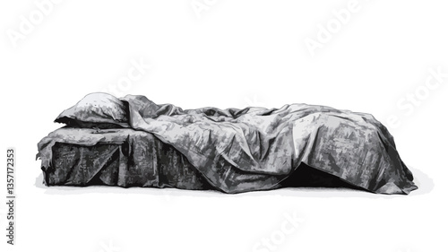 A grayscale illustration depicts an unmade bed. The bed is shown from a slightly elevated perspective, revealing the rumpled sheets, pillows, and blanket. The drawing style is realistic, with